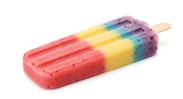 Frozen fruit popsicle with vibrant colors and realistic shadow on white background for summer refreshment themes photo