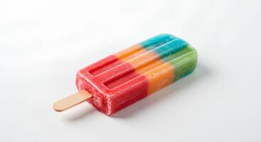 Colorful fruit popsicle with visible fruit pieces isolated on white background with shadow for refreshing summer dessert visuals photo
