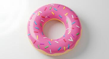 Frosted donut inflatable ring with sprinkles on white backdrop for playful summer party themes photo