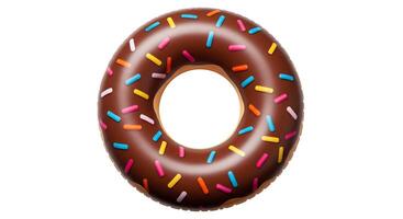 Colorful donut-shaped inflatable pool float isolated on white background for summer fun and poolside relaxation photo