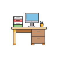 Modern office desk with computer and stack of books vector