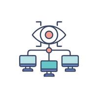 Surveillance system connecting to network of computers, line drawing vector
