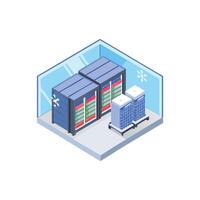 Isometric view of a cold server room with hardware vector