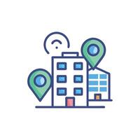 Office locations icon with buildings and map pointers vector