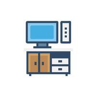 Cartoon computer on a blue table with drawers vector
