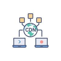 CDN network distributing content globally across devices and servers vector