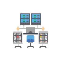 Control room with screens, server racks and chair in center vector