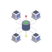 Isometric database network connecting servers on a White Background vector