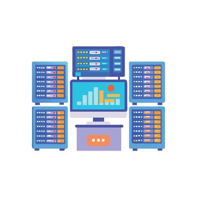Stylized rendering of servers connected to data analysis computer