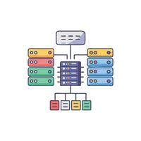 Cartoon network diagram of colorful computer and network servers vector
