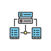 Network infrastructure connecting server to two mobile devices icon vector