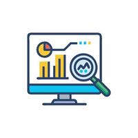 Data analysis on monitor screen with magnifying glass icon vector