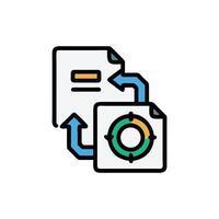 Data analysis process represented by stylized documents and arrows vector
