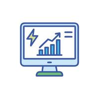 Computer screen displaying data chart and energy icon flat vector