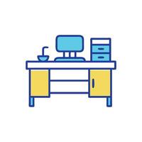 Stylized cartoon desk featuring computer and storage system vector