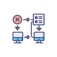 Workflow illustration with computer monitors and crossed circle symbol vector