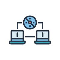 Two computers connected by a control gauge icon flat vector