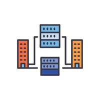 Interconnected network infrastructure connecting buildings and data servers vector