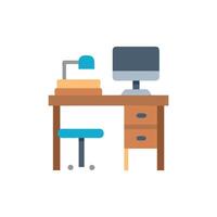 Workspace setup flat illustration with computer, desk, and chair vector