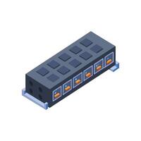 Isometric server network equipment array against a black backdrop vector