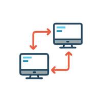 Data transfer between computers depicted with arrows in flat style vector