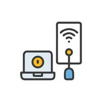 Laptop and WiFi router connection for internet access illustration vector