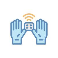 Gloved hands interacting with a smart device icon design vector