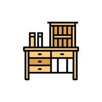 Minimalist office desk with drawers and bookshelf graphic icon vector