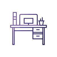 Minimalist purple line art desk workspace with computer and shelf vector