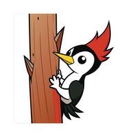 Baby Woodpecker Tapping on Tree Trunk with Red Crown vector