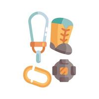 Hiking and camping gear, shoe, carabiner, and compass vector