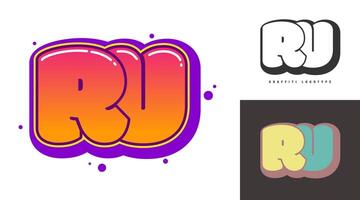 RU logo design for festival or party. Initial letter r and u in graffiti style. Creative modern lettering company name of font typography. Kids trendy logotype or identity. vector