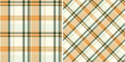 Two seamless autumnal plaid patterns in soft orange, green, and cream. Perfect for fallthemed designs, textiles, backgrounds, or website assets. Evokes feelings of warmth, comfort, and rustic charm. vector