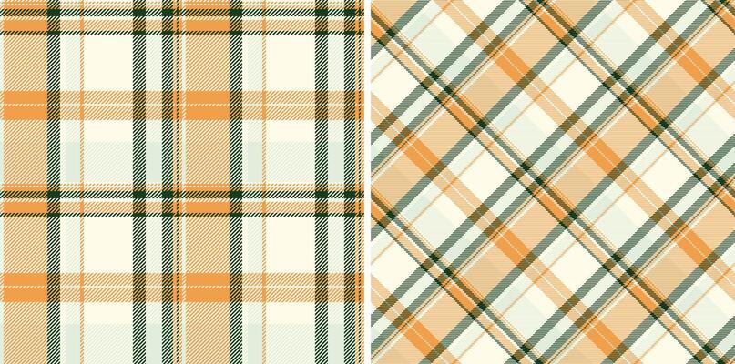 Two seamless autumnal plaid patterns in soft orange, green, and cream. Perfect for fallthemed designs, textiles, backgrounds, or website assets. Evokes feelings of warmth, comfort, and rustic charm.