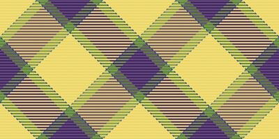 Tee textile texture plaid, tie pattern seamless fabric. 60s check tartan background in yellow and violet colors. vector