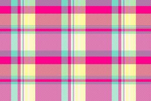 Vibrant plaid pattern featuring pink, yellow, and aqua hues. Ideal for textiles, backgrounds, or design projects needing a colorful and eyecatching texture. vector