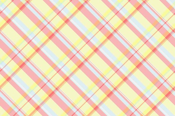 Pastel plaid pattern. Diagonal stripes in soft yellow, pink, and blue create a cheerful, textured backdrop. Ideal for textile design, backgrounds, or illustrations.