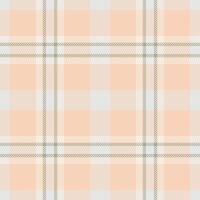 Seamless plaid pattern in soft peach, gray, and cream. Classic textile design for backgrounds, apparel, or holiday projects. Cozy, refined aesthetic. vector