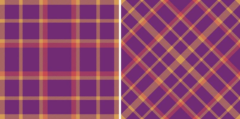 Elegant plaid textures, two seamless patterns. Traditional Scottish tartan, for textiles, fashion, wrapping, or backgrounds. Warm hues with retro vibe.