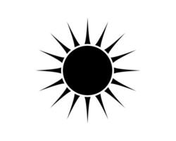Bold, minimalist sun illustration. Sharp, pointed rays emanate from a solid black circle. Symbolizes energy, heat, and summer. Perfect for design projects. vector