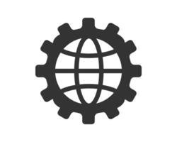 Global mechanism icon depicting a globe inside a cogwheel. Symbol of global connectivity, technology, international cooperation, and engineering solutions. Minimalist graphic. vector