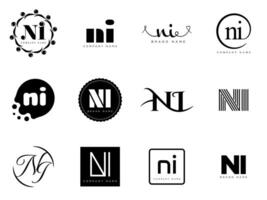 NI logo company template. Letter n and i logotype. Set different classic serif lettering and modern bold text with design elements. Initial font typography. vector