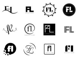 FL logo company template. Letter f and l logotype. Set different classic serif lettering and modern bold text with design elements. Initial font typography. vector