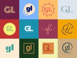 GL logo company template. Letter g and l logotype. Set different classic serif lettering and modern bold text with design elements. Initial font typography. vector