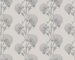 Elegant greyscale floral pattern featuring stylized dandelionlike blooms on a soft beige background. Perfect for wallpaper, textile design, or decorative projects. vector