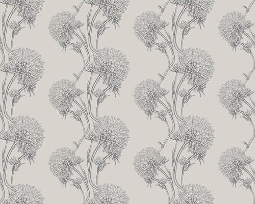 Elegant greyscale floral pattern featuring stylized dandelionlike blooms on a soft beige background. Perfect for wallpaper, textile design, or decorative projects.
