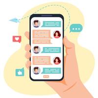 Hand holding phone with messages on screen. Chatting with friends in mobile application. Communication concept. illustration vector
