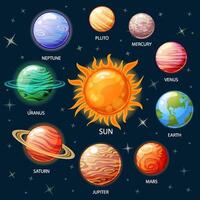 Planets of the solar system. Sun, Mercury, Venus, Earth, Mars, Jupiter, Saturn, Uranus, Neptune, Pluto vector