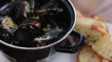 Mussels garlic bread Bowl of Mussels in Tomato Sauce with Grilled Bread video