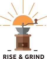 Coffee grinder illustration with rising sun rays for tshirt printing and inspirational projects vector